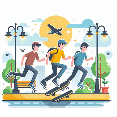 Skateboarders in the park. Vector illustration in flat styleのイラスト素材
