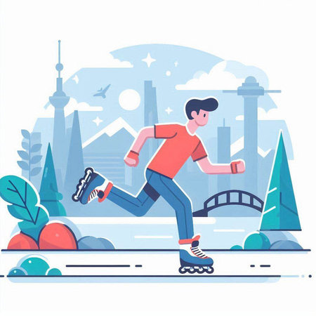 Man on roller skates in the city. Vector illustration in flat styleのイラスト素材