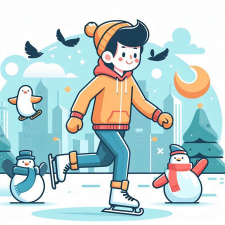 Vector illustration of boy skating on the ice rink with snowman.のイラスト素材