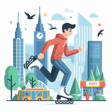 Man riding roller skates in the city. Flat vector illustration.のイラスト素材