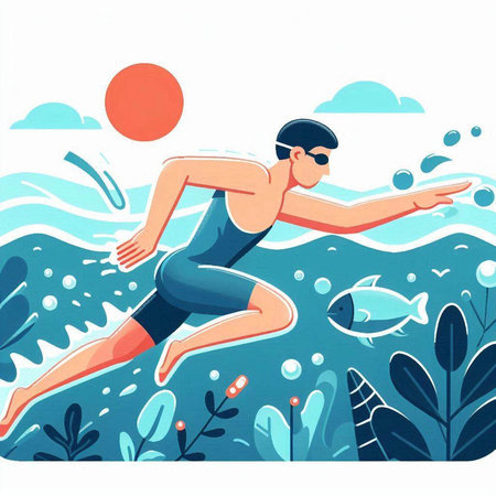 Young man swimming in the sea. Vector illustration in flat style.のイラスト素材