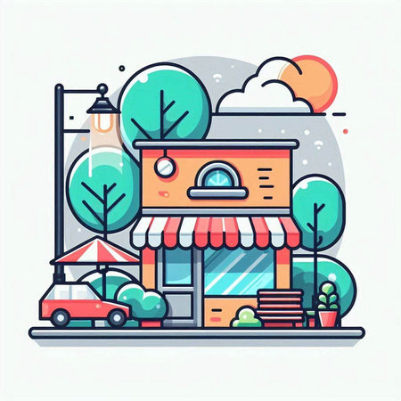 Flat line design modern vector illustration concept of shopping mall with awning, trees, cars, lanterns and cityscape on background.のイラスト素材