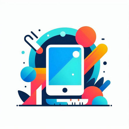 Smartphone with blank screen and stationery on colorful background. Vector illustration.のイラスト素材