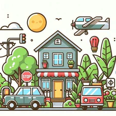 Vector illustration of a city street with cars, flowers, trees, houses, road signsのイラスト素材