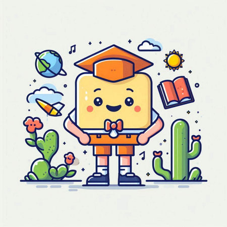 Character illustration design. Education cartoon concept. Cute and funny student boy holding bookのイラスト素材