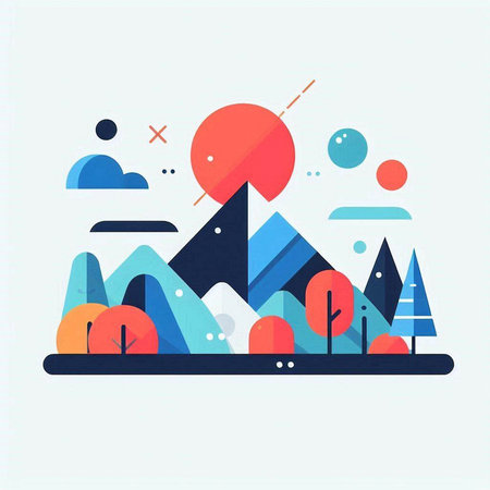 Flat design vector illustration concept of landscape with mountains and trees.のイラスト素材