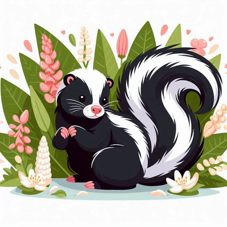 Cute skunk sitting on the flower background. Vector illustration.のイラスト素材