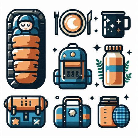 Set of camping equipment icons. Vector illustration in flat design style.のイラスト素材