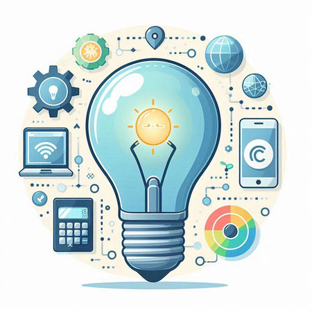 Vector illustration of lightbulb with sun symbol and technology icons on white backgroundのイラスト素材