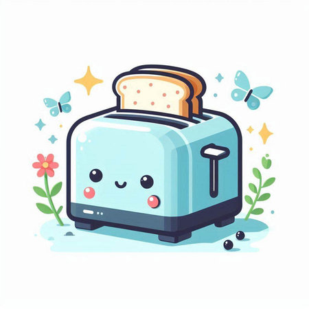 Cute cartoon toaster with flowers and butterflies. Vector illustration.のイラスト素材