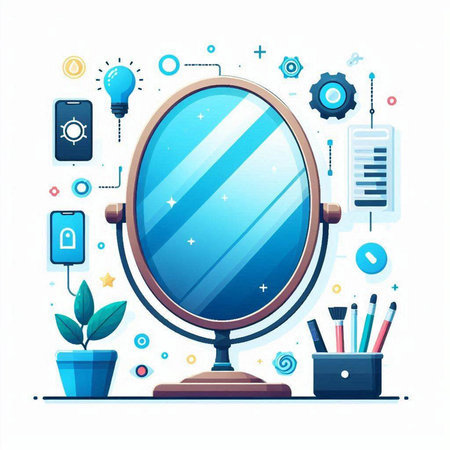 Vector illustration of a round mirror on the background of business icons.のイラスト素材