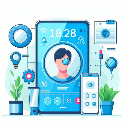 Smartphone with face recognition app on screen. Flat vector illustration.のイラスト素材