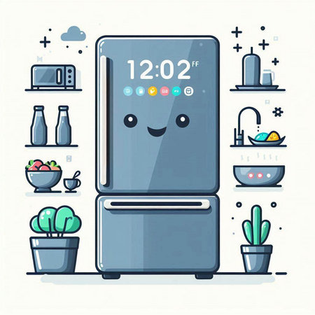 Funny cute cartoon fridge. Vector illustration in modern flat style.のイラスト素材