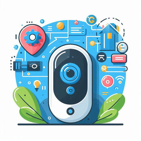 Vector modern flat design concept of security camera with icons on blue backgroundのイラスト素材