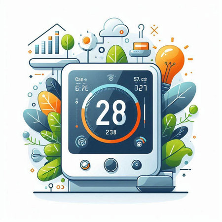 Vector illustration of digital thermostat on white background with green plants.のイラスト素材
