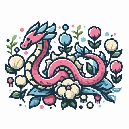 Vector hand drawn illustration with snake, flowers and leaves. Doodle style. Template for card, poster, banner, print for t-shirt.のイラスト素材