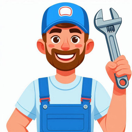 Handyman in blue overalls and cap with wrench. Vector illustration.のイラスト素材