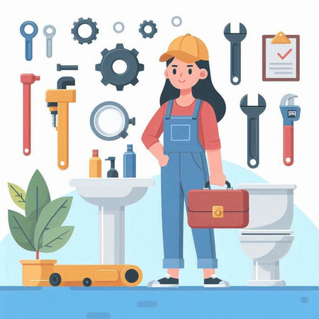 Plumber woman in uniform with tools. Vector illustration in flat styleのイラスト素材