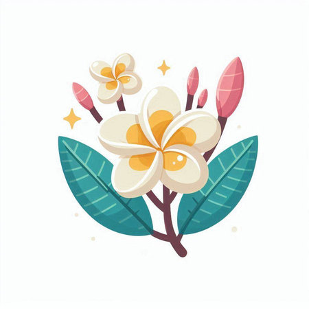 Plumeria flowers and leaves. Vector illustration in flat style.のイラスト素材