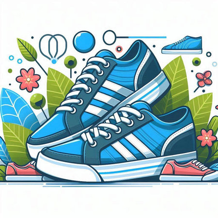 Vector illustration of blue sneakers on the background of tropical leaves and flowers.のイラスト素材