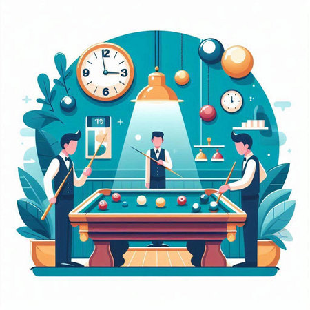 Billiard club interior. People play billiards. Vector illustrationのイラスト素材