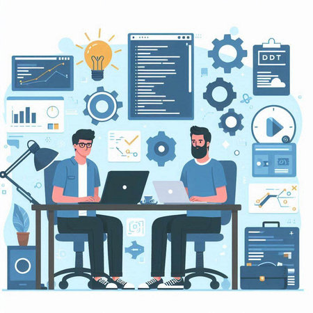 Programmers working at the computer in the office. Vector illustration.のイラスト素材