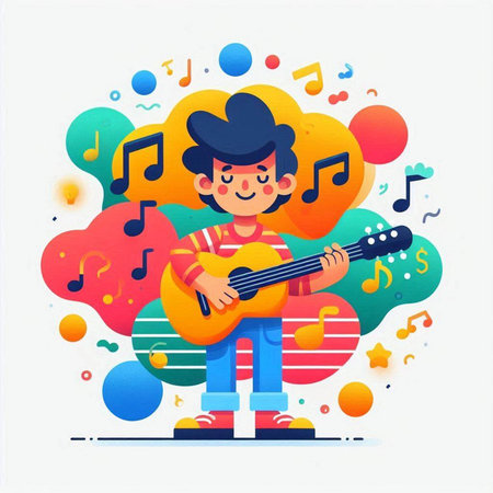 Vector illustration of a boy playing the guitar on a colorful background.のイラスト素材