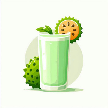 Vector illustration of a glass of fresh soursop juice with fruits.のイラスト素材