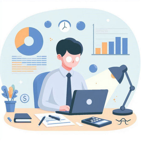 Businessman working with laptop in office. Vector illustration in flat styleのイラスト素材