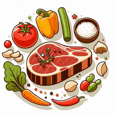 Steak with vegetables and spices. Vector illustration on white background.のイラスト素材