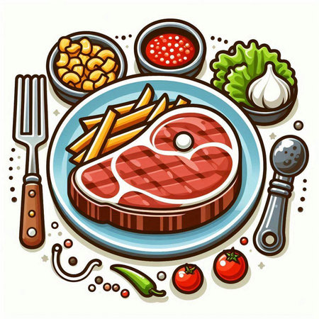 Steak on a plate with vegetables and spices. Vector illustration.のイラスト素材
