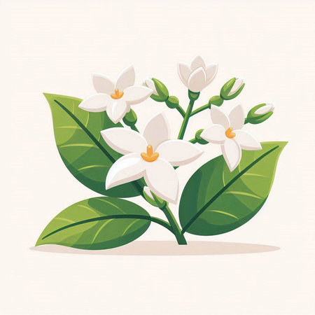 Branch of jasmine with green leaves. Vector illustration.のイラスト素材