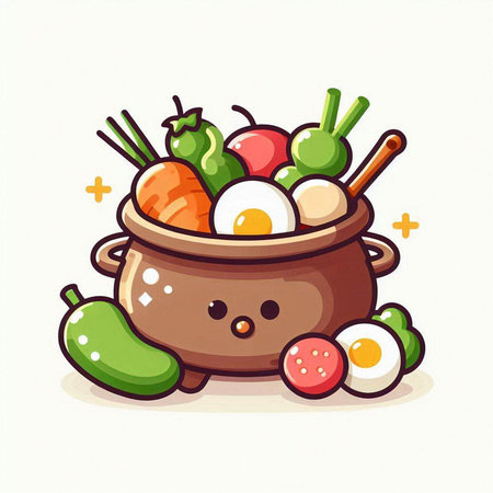 Cute vegetable soup in pot character. Vector cartoon illustration. Isolated on white background.のイラスト素材