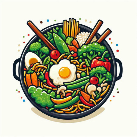 Chinese noodle with vegetables and egg in a pan. Vector illustration.のイラスト素材