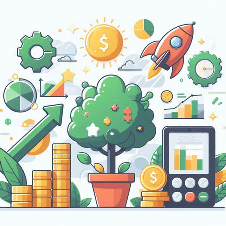 Vector illustration of start up concept with rocket, money tree and growing graph on white background.のイラスト素材