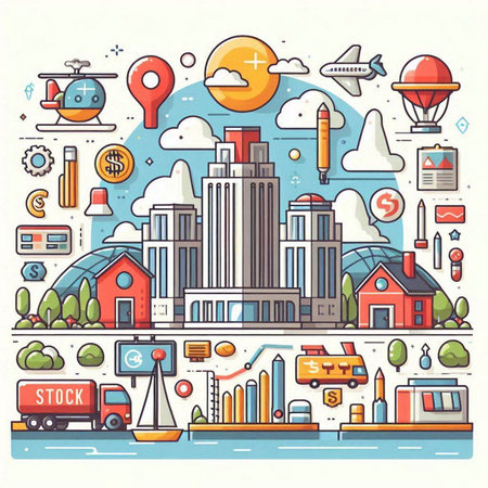 Cityscape with icons. Vector illustration in thin line style on white background.のイラスト素材