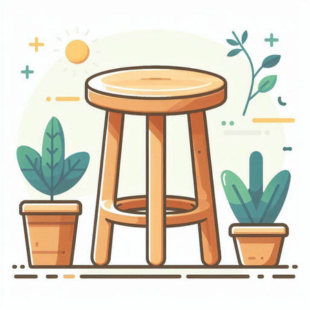 Vector illustration of wooden stool and potted plants in flat style.のイラスト素材