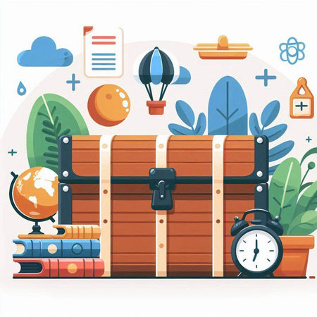Treasure chest, books and alarm clock. Flat vector illustration.のイラスト素材