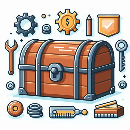 Treasure chest, tools and accessories. Vector illustration in cartoon styleのイラスト素材