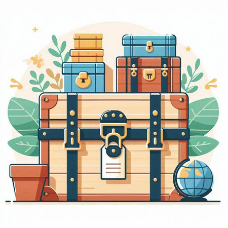 Vector illustration of a treasure chest with a map and a globe.のイラスト素材