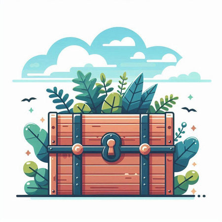 Treasure chest on the background of the landscape. Vector illustration.のイラスト素材