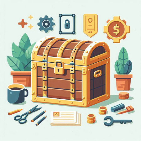 Vector illustration of a treasure chest with a lot of accessories and items.のイラスト素材