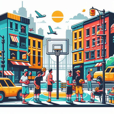 Street basketball players in the city. Vector illustration in cartoon style.のイラスト素材