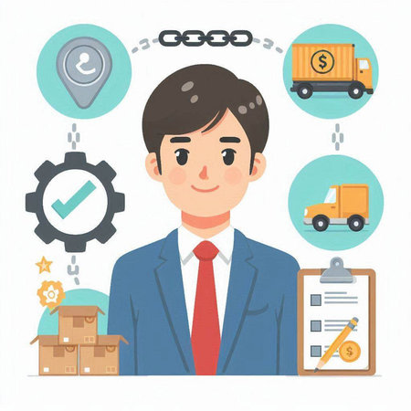 Businesswoman working at the office. Freight transportation. Vector illustration.のイラスト素材