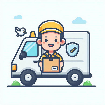 Vector illustration of delivery man in uniform delivering parcel to customer. Line art design for web, site, advertising, banner, poster, board and print.のイラスト素材