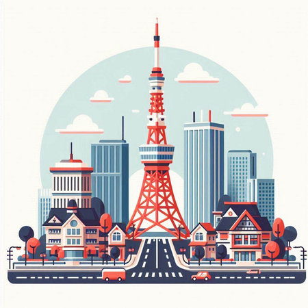 Tokyo, Japan city skyline in flat style. Vector illustration.のイラスト素材