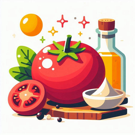 Tomato and ingredients. Vector illustration in flat style. Healthy food.のイラスト素材