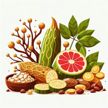 Coconut, lemons, grapefruit and nuts vector illustration.のイラスト素材