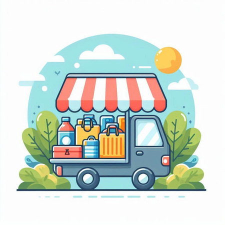 Cargo truck with paper bags. Delivery service. Vector illustration.のイラスト素材