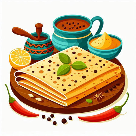 Tortilla with fried eggs, vegetables and sauce. Vector illustration.のイラスト素材